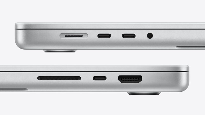 Vista lateral de la MacBook Pro donde se ven los nuevos puertos que ofrecen una conectividad más amplia.
