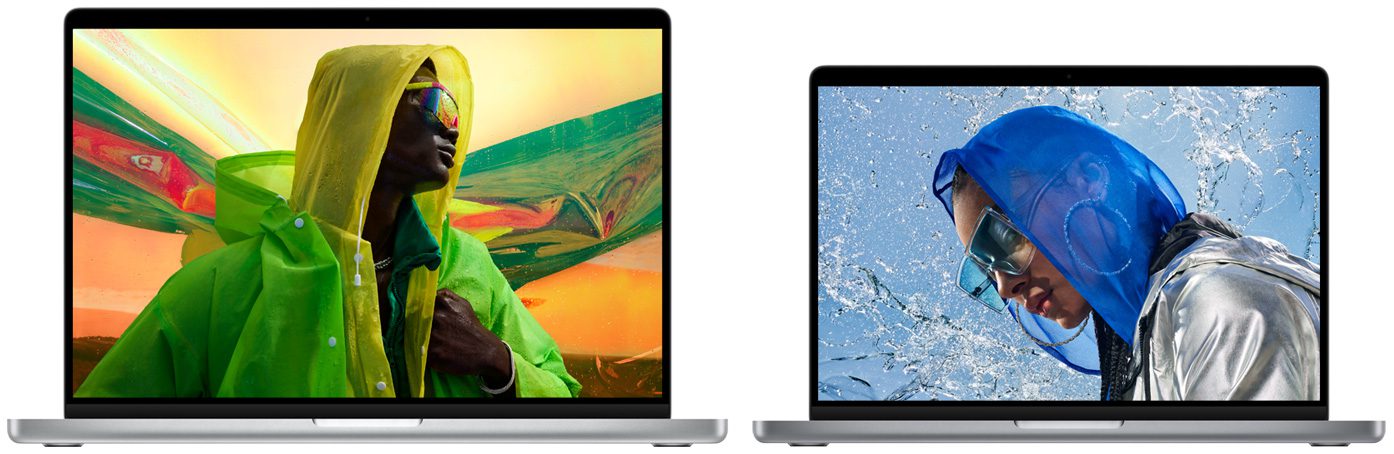 Dos MacBook Pro que muestran la diferencia de tamaño entre el modelo de 16 pulgadas y el de 14 pulgadas.