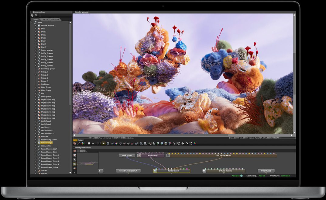 Una MacBook Pro con una imagen nítida en la pantalla para ilustrar el increíble rendimiento y la larga duración de la batería.