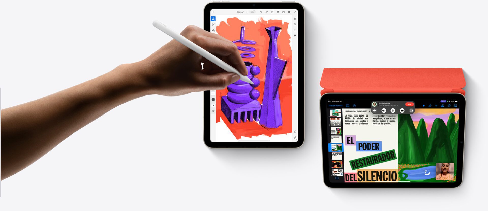 Dibuja en el iPad mini con el Apple Pencil de segunda generación y protégelo con la funda Smart Folio, que se pliega para que la puedas usar de soporte.