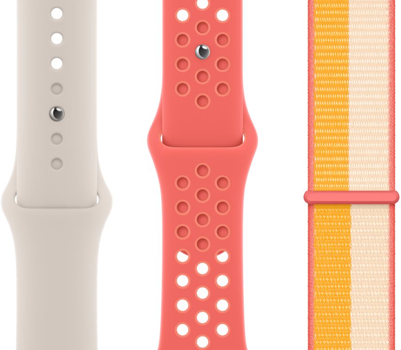 Ilustración de tres correas del Apple Watch, que incluye la correa deportiva blanco estelar, la correa deportiva Nike color brasa mágica/carmesí pálido y la correa loop deportiva color maíz/blanco.