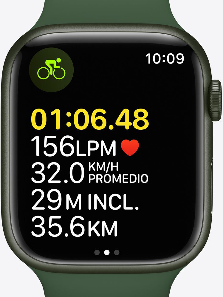 Pantalla del Apple Watch Series 7 que muestra la funcionalidad de registro de entrenamientos.