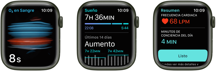 Tres pantallas del Apple Watch Series 7 que muestran las funcionalidades de medición del oxígeno en sangre, seguimiento del sueño y monitoreo de la frecuencia cardiaca.