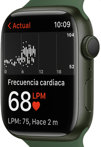 Pantalla del Apple Watch Series 7 que muestra la funcionalidad de monitoreo de la frecuencia cardiaca.
