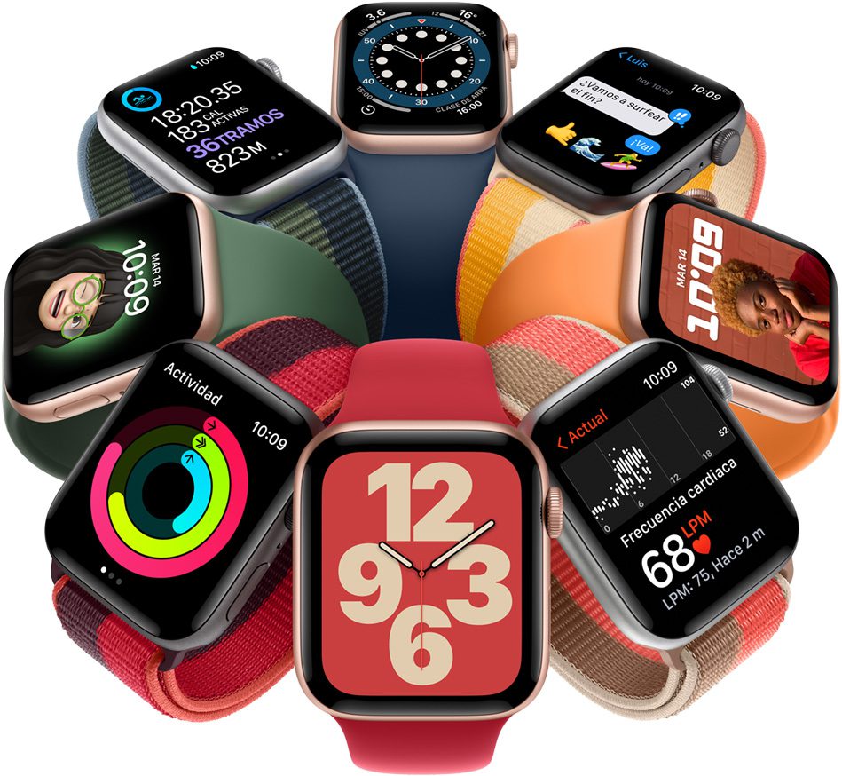 Un grupo de Apple Watch SE dispuestos en círculo.