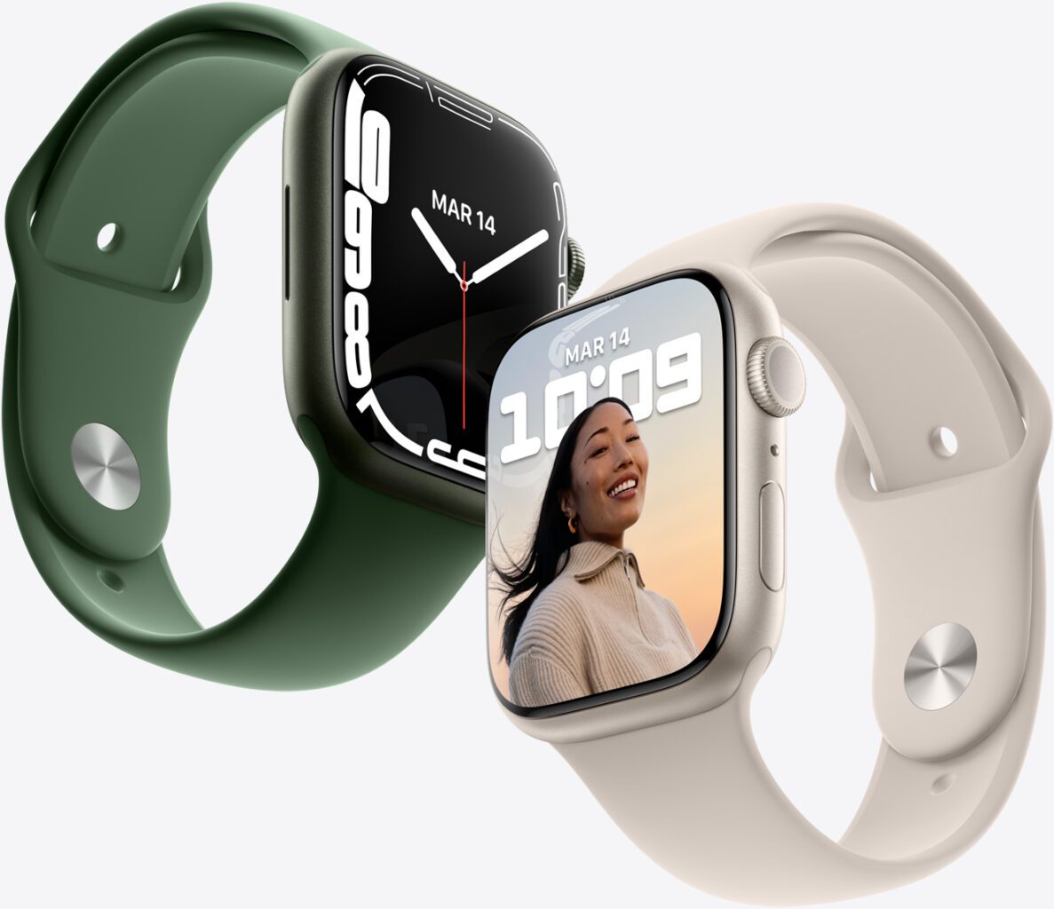 Dos pantallas del Apple Watch Series 7 que muestran la carátula Reloj y la carátula Retratos.