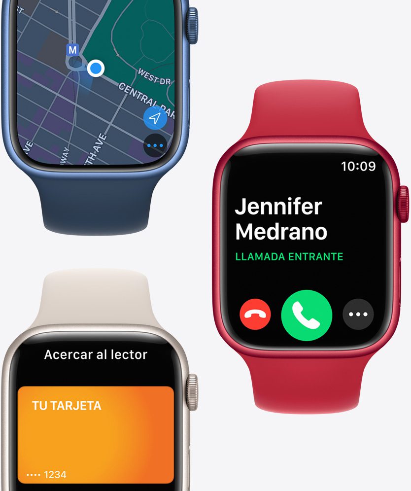 Tres pantallas del Apple Watch Series 7 que muestran la app Mapas..