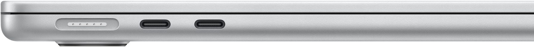 Vista lateral de la MacBook Air con un puntero que muestra el puerto MagSafe y los dos puertos Thunderbolt