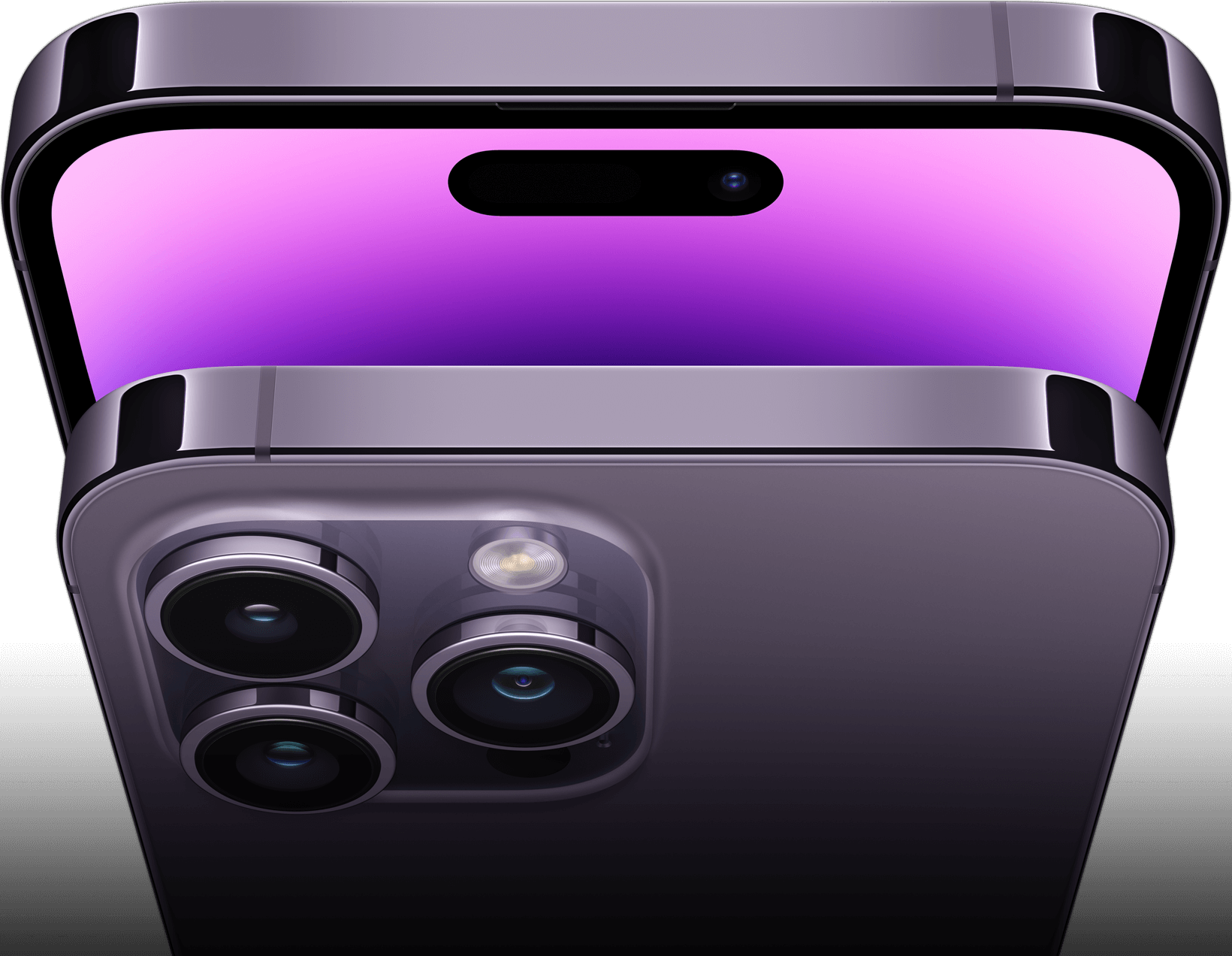 Vista de las partes frontal y trasera del iPhone 14 Pro morado oscuro. La parte trasera muestra los tres lentes del sistema de cámaras Pro. La parte frontal muestra un nuevo fondo de pantalla y la Dynamic Island.