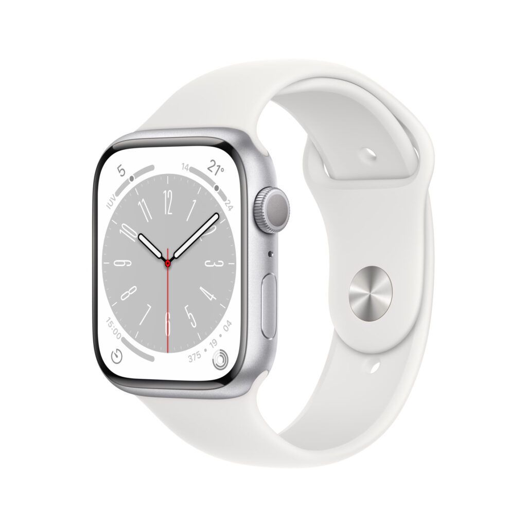 apple watch series 8 gps caja de aluminio plateado 45 mm correa deportiva blanca estándar