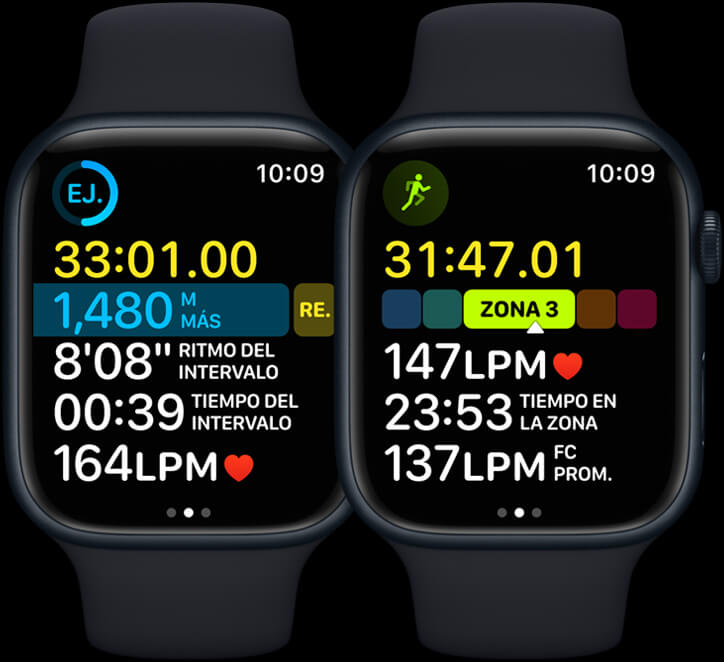 Imagen de dos Apple Watch Series 8. Una pantalla muestra Carrera al Aire Libre y la otra, Zonas de Frecuencia Cardiaca.