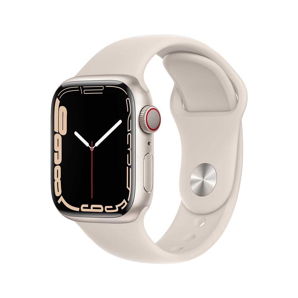 apple watch series 7 gps + cellular, 41mm silver stainless steel case with starlight sport band regular