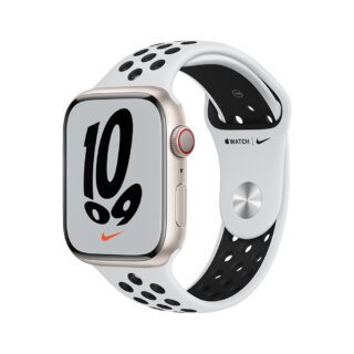 apple watch nike series 7 gps + cellular, 45mm starlight aluminium case with pure platinum/black nike sport band regular