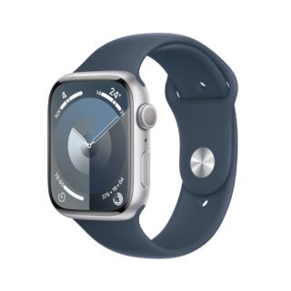 apple watch series 9 gps caja de aluminio plateado 45 mm correa deportiva azul tormenta m/l