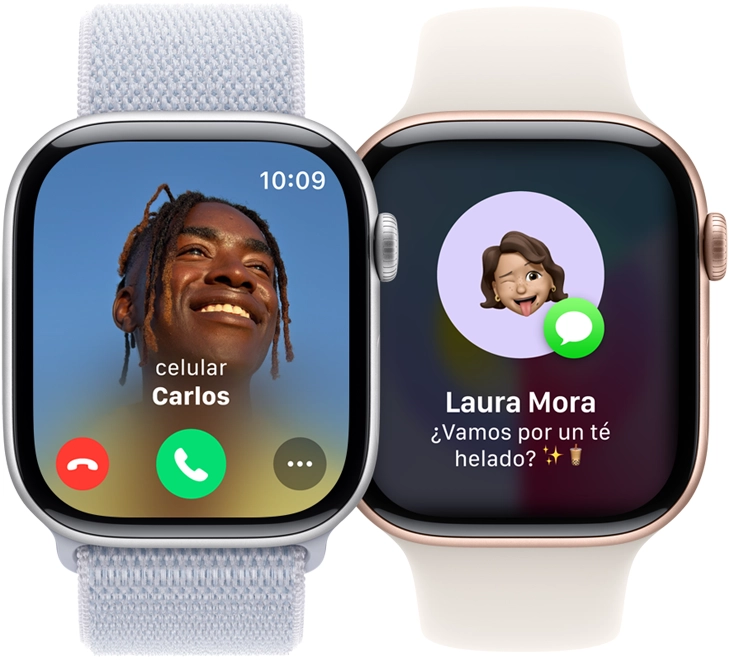 Un Apple Watch Series 10 muestra una llamada entrante y otro Apple Watch Series 10 muestra que se recibió un mensaje