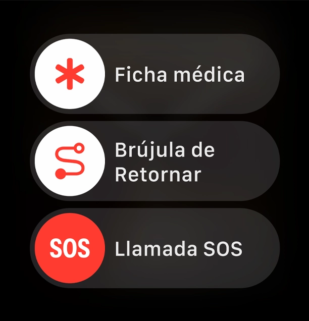 El control de Llamada SOS se muestra junto a los controles de Ficha Médica y la Brújula de Retornar